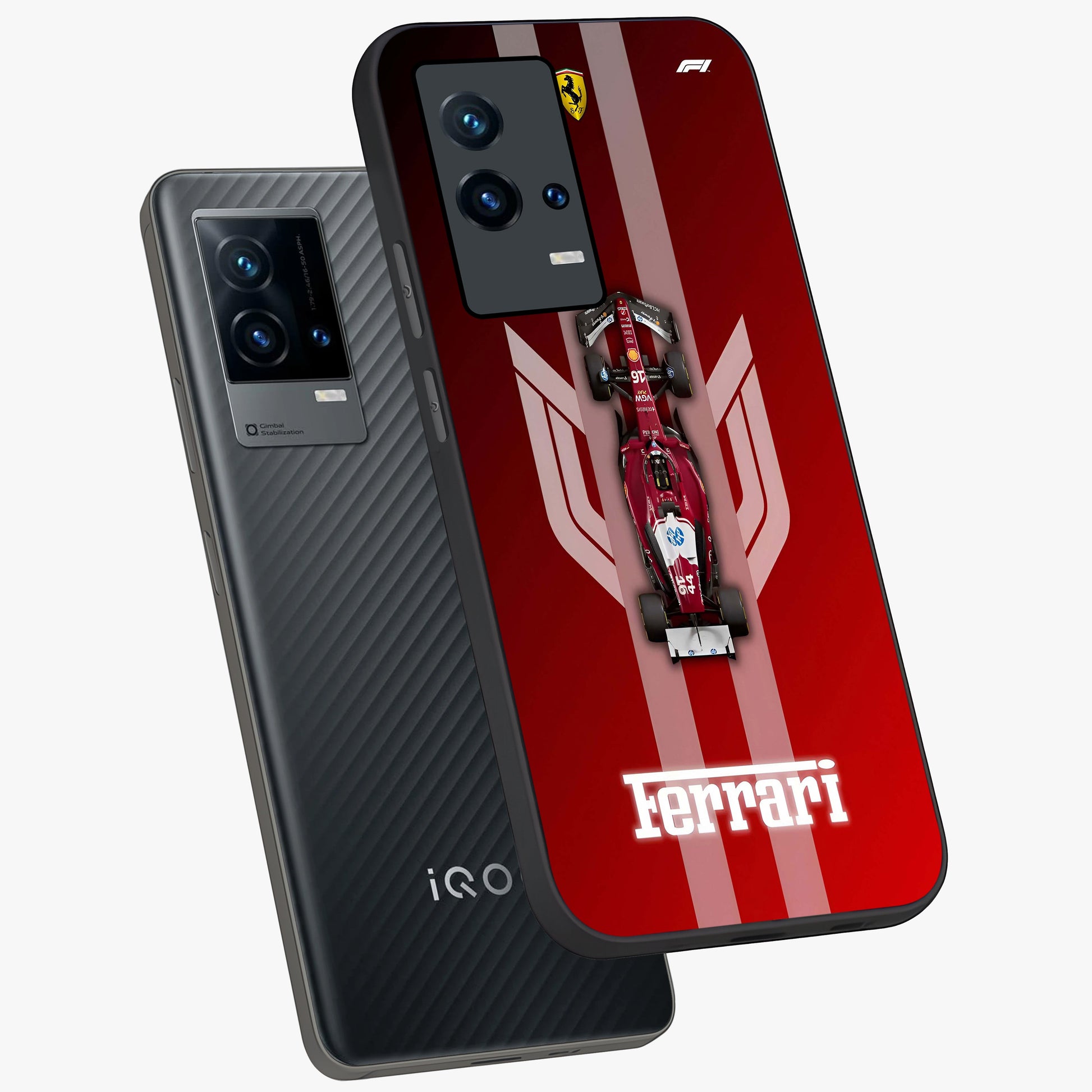 Red Ferrari F1 Vertical Glass Case displayed in angled mockup highlighting high speed racing design with bold automotive aesthetic.