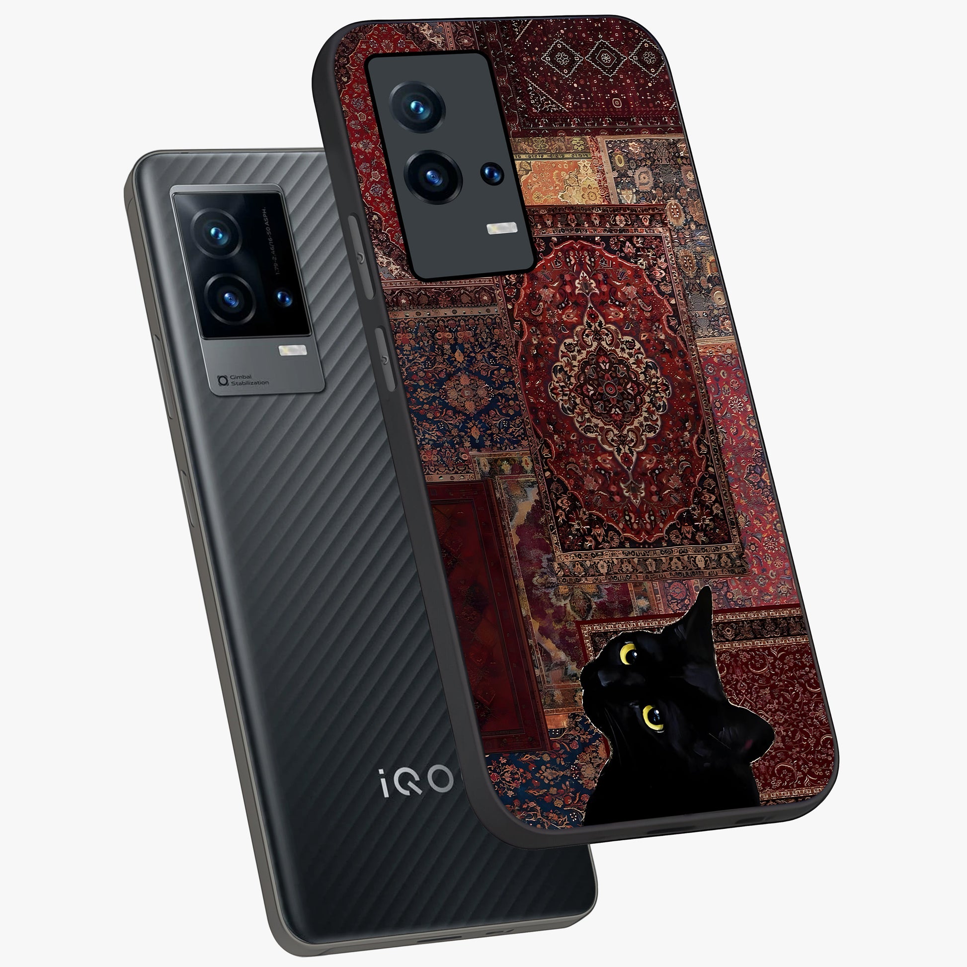 Regal Magic Cat Apple Glass Case displayed in angled mockup highlighting whimsical feline design with fantasy aesthetic.
