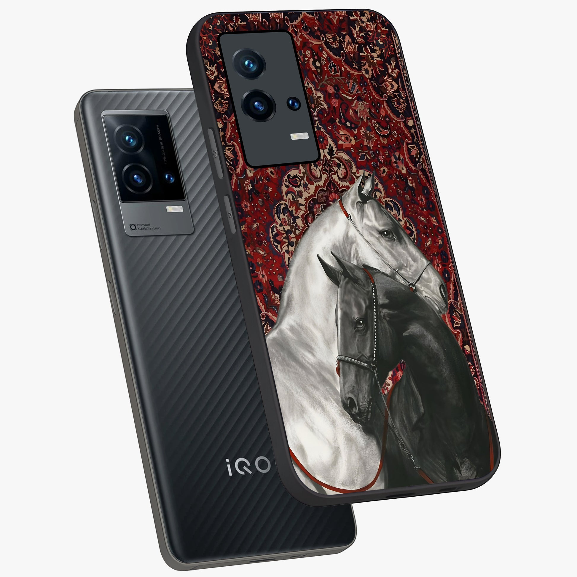 Regal Stallion Tapestry Glass Case displayed in angled mockup highlighting royal stallion design with decorative heritage aesthetic.