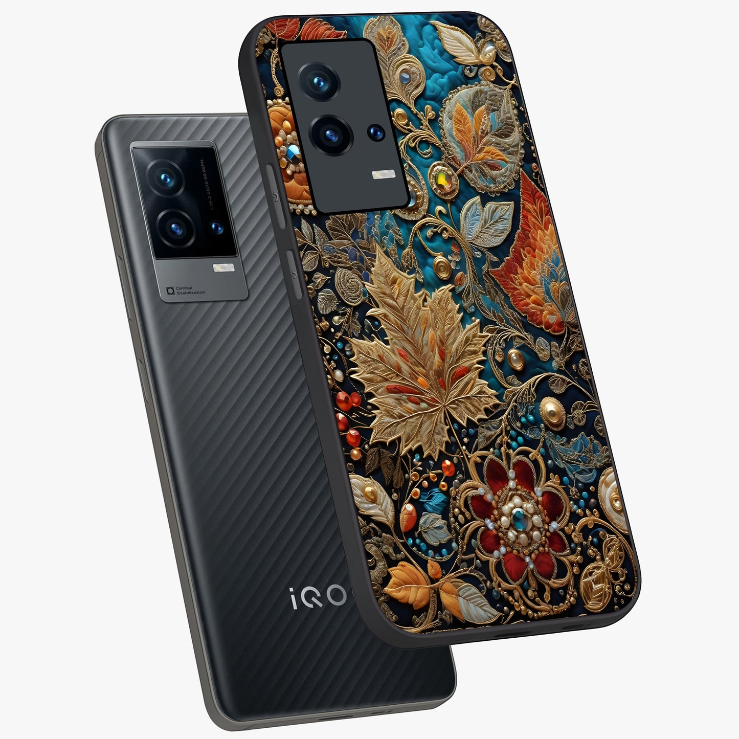 Royal Jewel Garden Glass Case displayed in angled mockup highlighting vibrant jewel inspired floral design with elegant aesthetic.