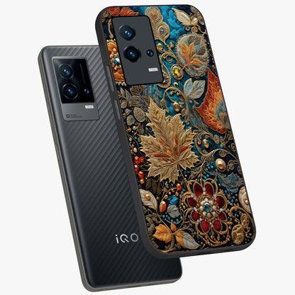 Royal Jewel Garden Glass Case displayed in angled mockup highlighting vibrant jewel inspired floral design with elegant aesthetic.