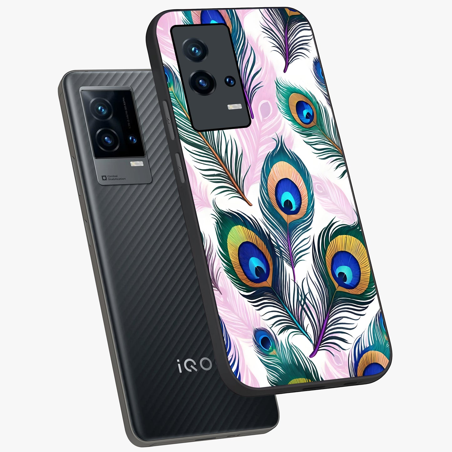 Royal Peacock Feathers Glass Case displayed in angled mockup highlighting vibrant feather pattern with regal aesthetic style.