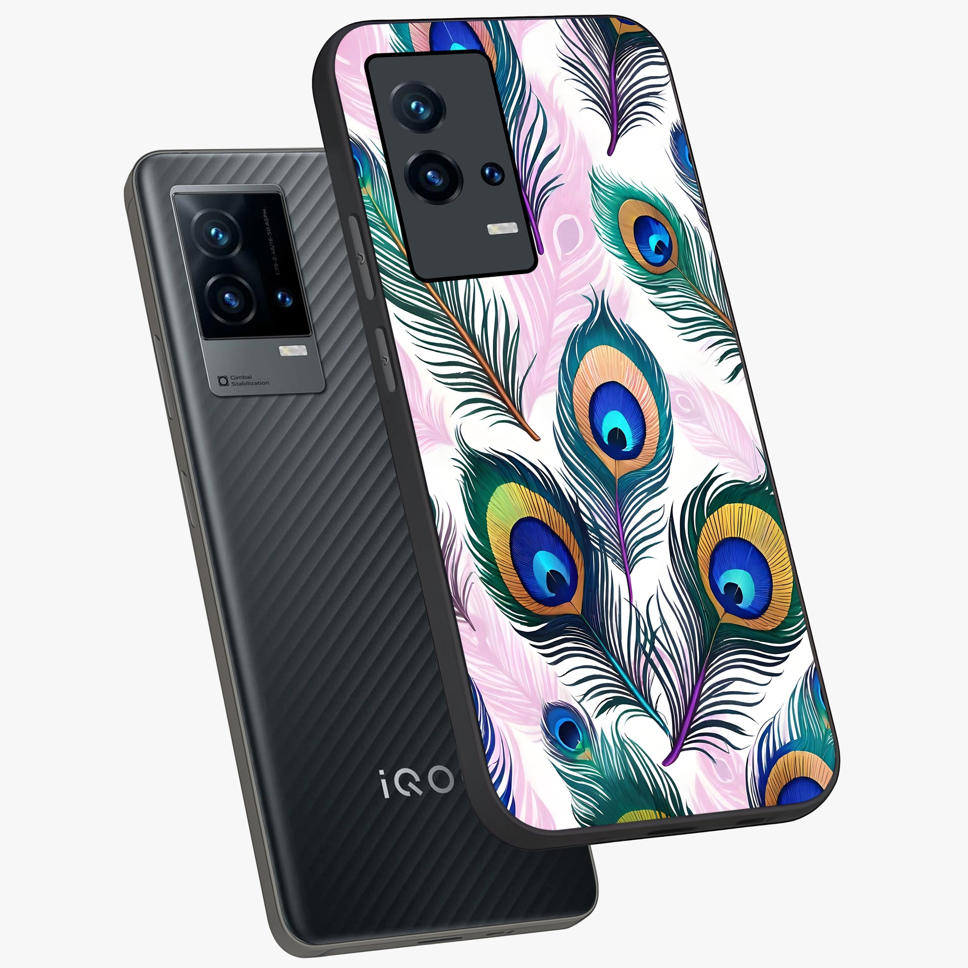 Royal Peacock Feathers Glass Case displayed in angled mockup highlighting vibrant feather pattern with regal aesthetic style.
