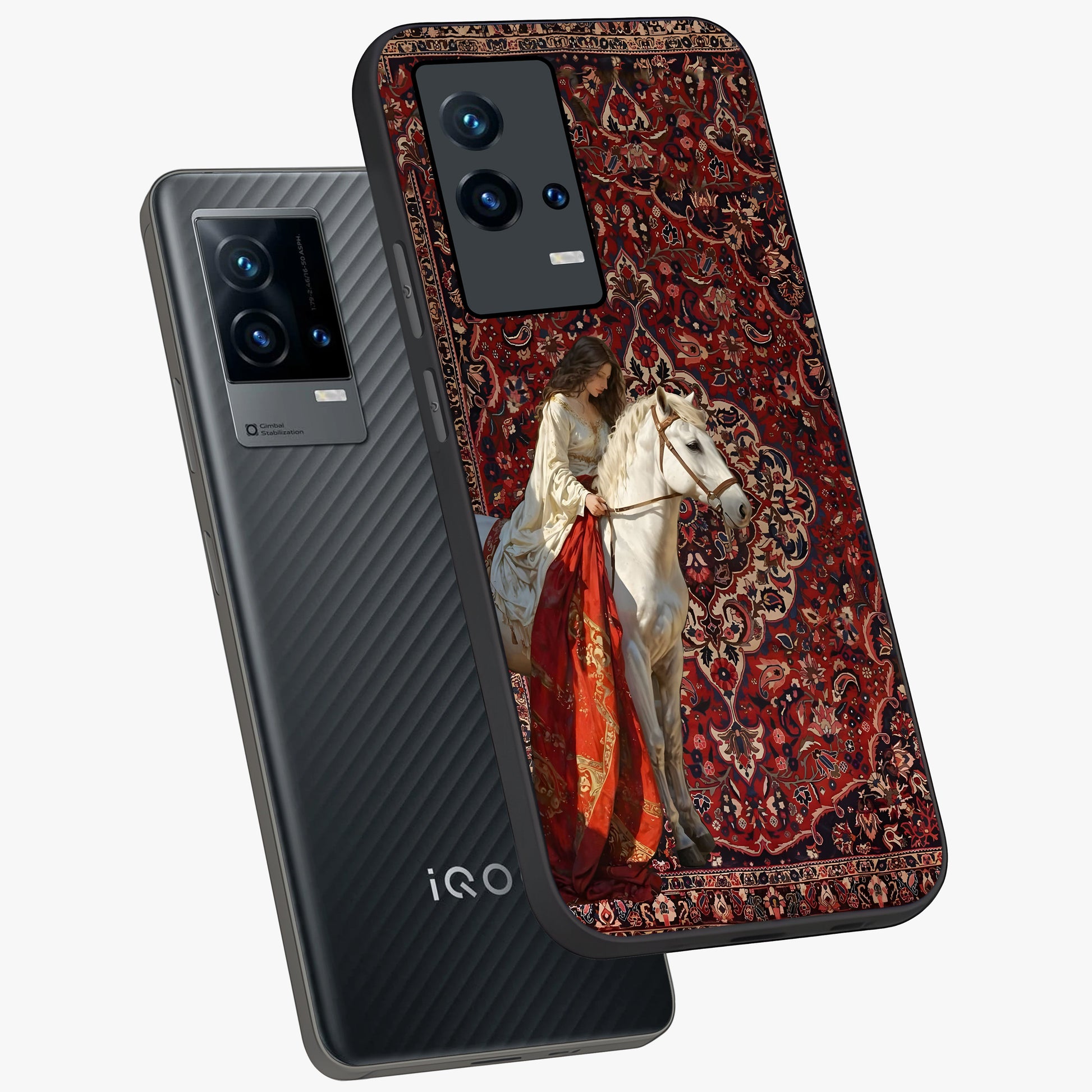 Royal Rider Tapestry Glass Case displayed in angled mockup highlighting traditional tapestry design with royal heritage aesthetic.