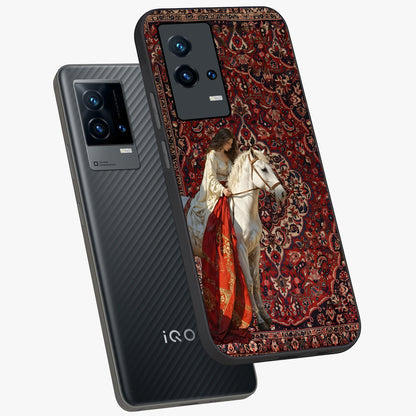 Royal Rider Tapestry Glass Case displayed in angled mockup highlighting traditional tapestry design with royal heritage aesthetic.