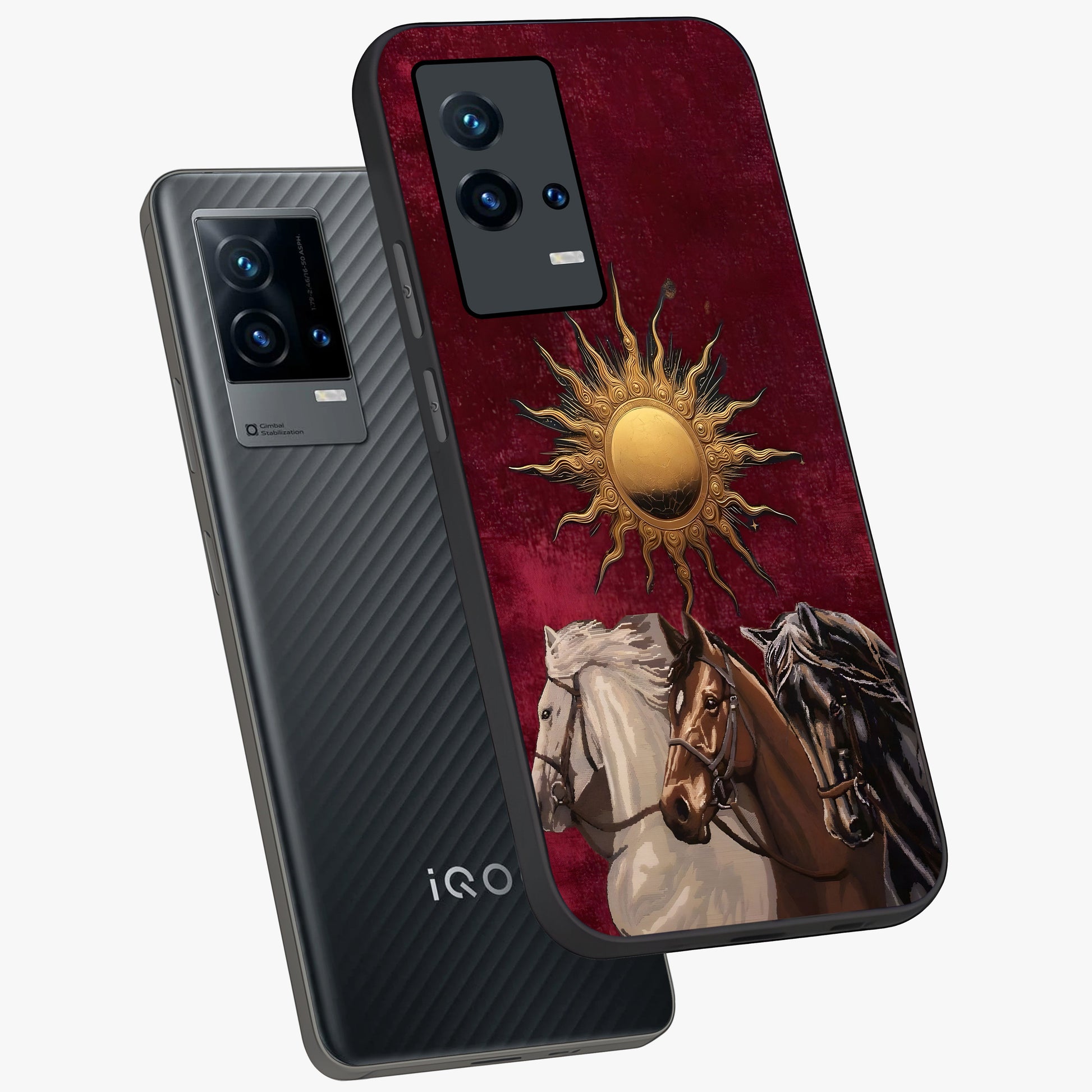 Solar Riders Glass Case displayed in angled mockup highlighting powerful rider illustration with radiant solar aesthetic.