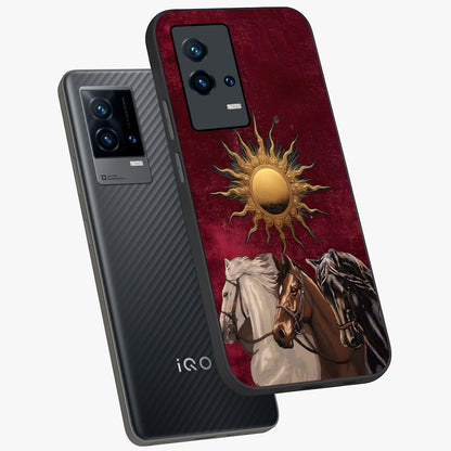 Solar Riders Glass Case displayed in angled mockup highlighting powerful rider illustration with radiant solar aesthetic.
