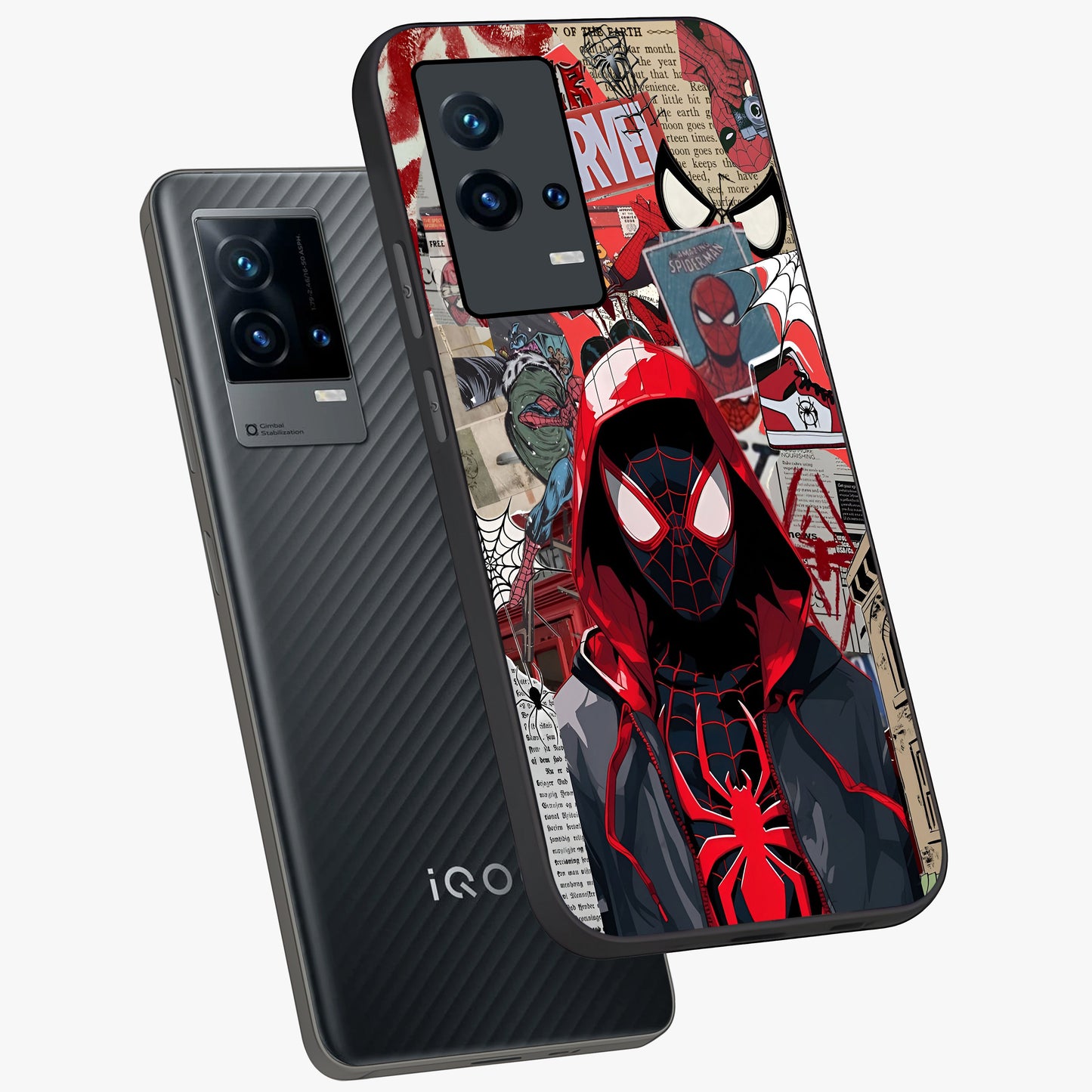 Spider Collage Street Glass Case displayed in angled mockup highlighting dynamic street style collage design with comic aesthetic.