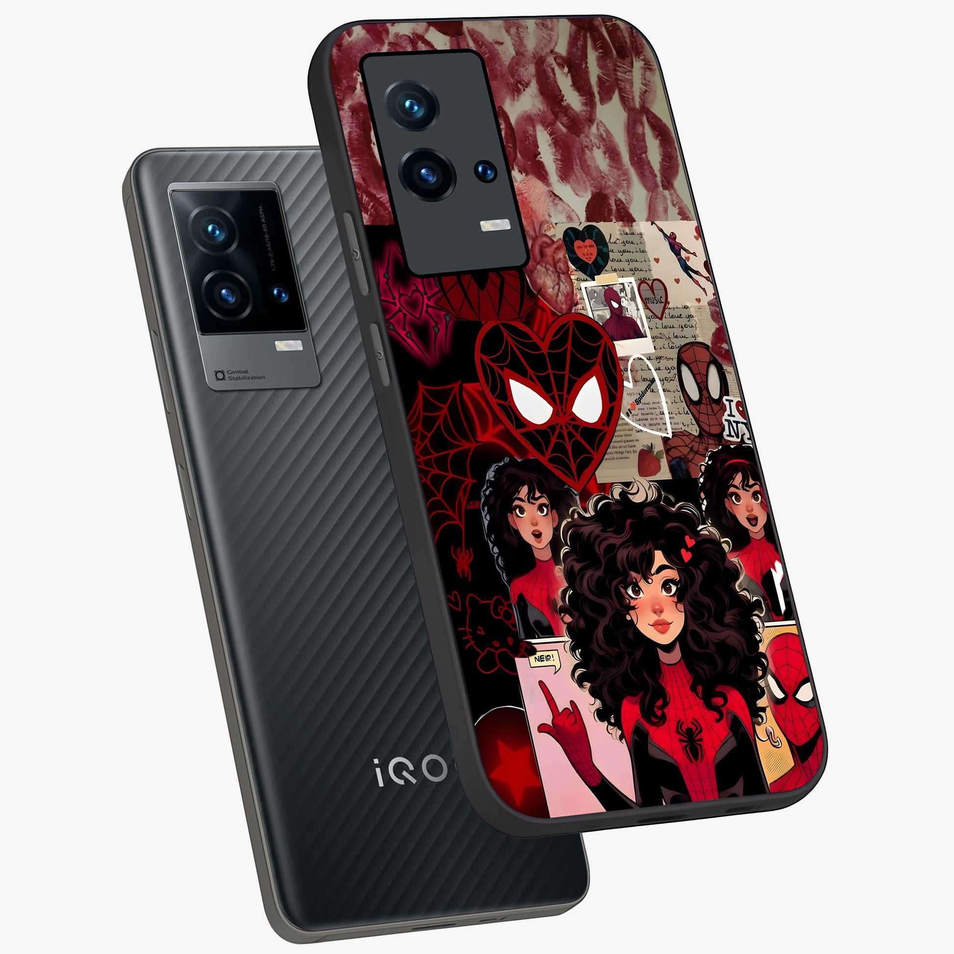Spider Love Story Glass Case displayed in angled mockup highlighting expressive comic inspired design with playful aesthetic.