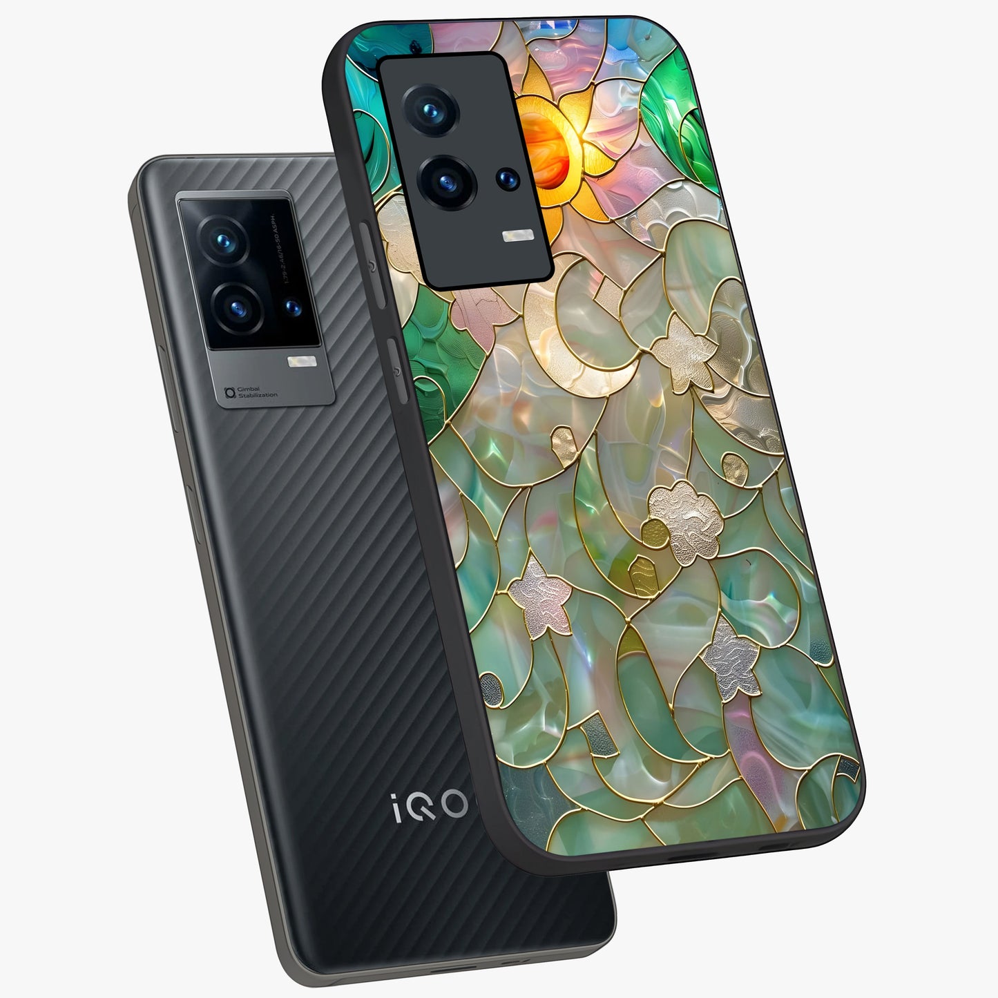 Stained Sunrise Glow Glass Case displayed in angled mockup highlighting radiant sunrise design with artistic aesthetic style.