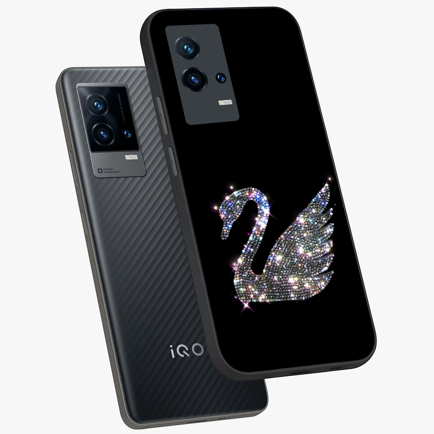 Starlit Swan Grace Glass Case displayed in angled mockup highlighting elegant swan illustration with dreamy celestial aesthetic.