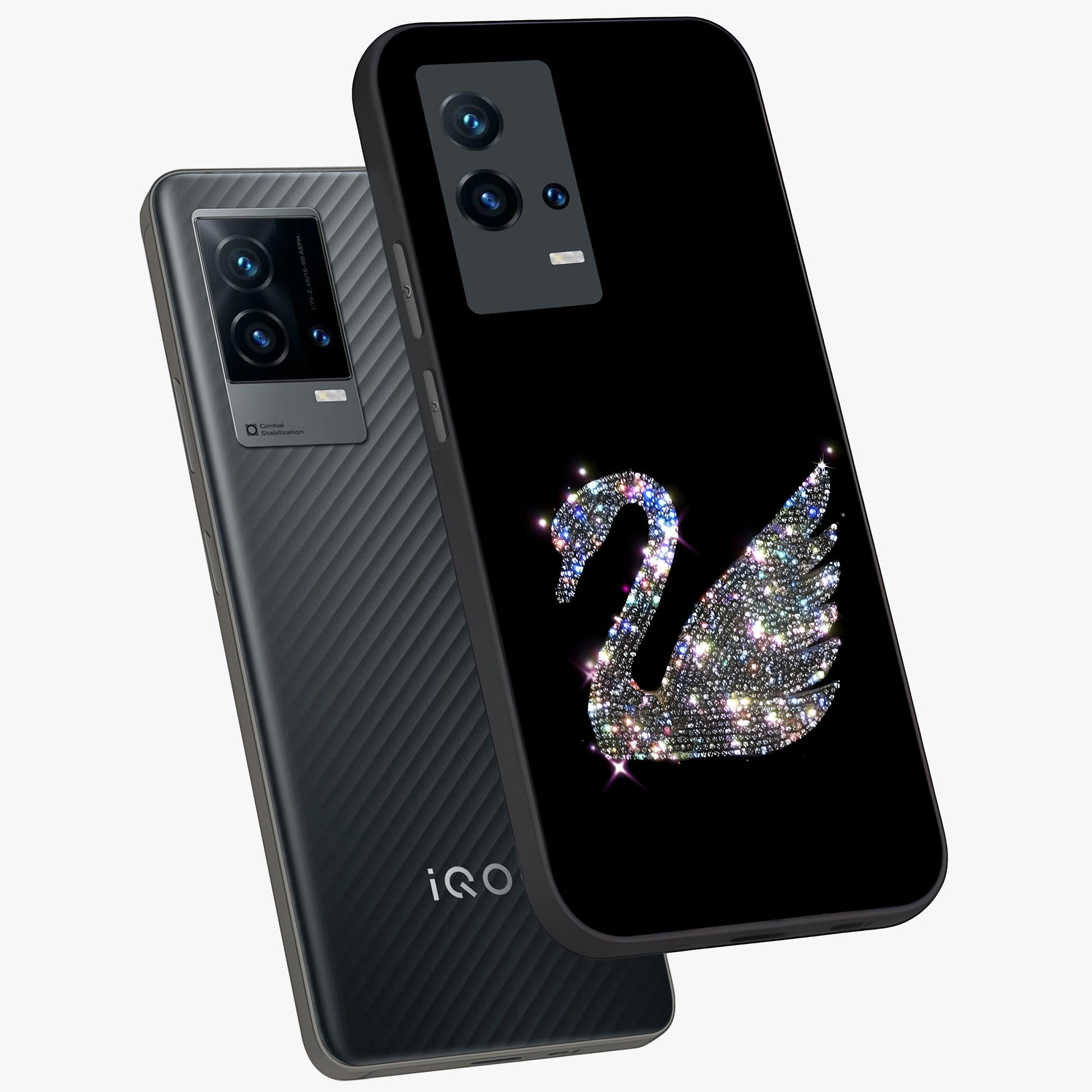 Starlit Swan Grace Glass Case displayed in angled mockup highlighting elegant swan illustration with dreamy celestial aesthetic.
