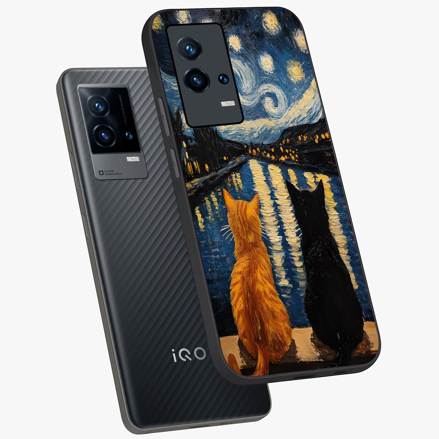 Starry River Cats Glass Case displayed in angled mockup highlighting charming feline illustration with dreamy night aesthetic.