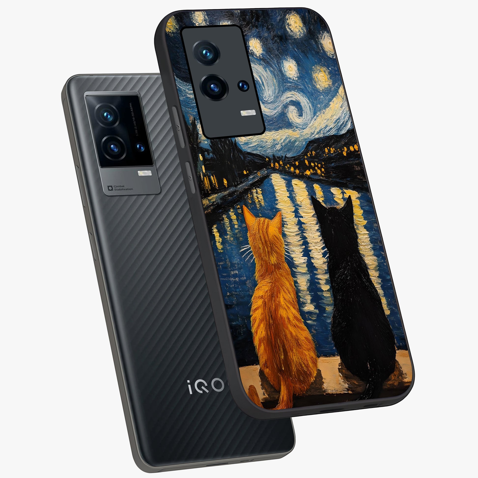 Starry River Cats Glass Case displayed in angled mockup highlighting charming feline illustration with dreamy night aesthetic.