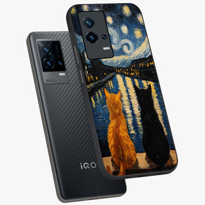 Starry River Cats Glass Case displayed in angled mockup highlighting charming feline illustration with dreamy night aesthetic.