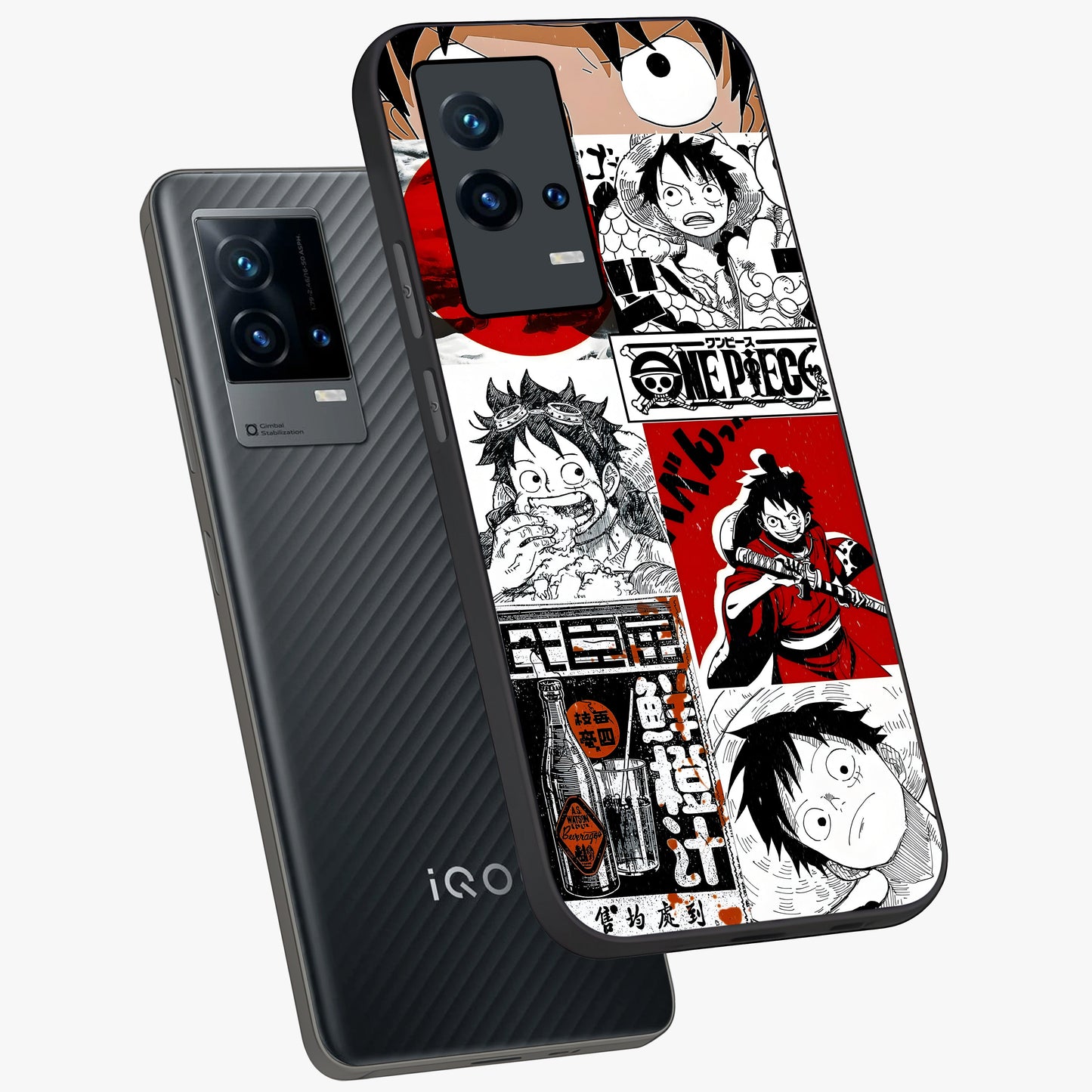Strawhat Chaos Panels Glass Case displayed in angled mockup highlighting vibrant anime collage design with action aesthetic.