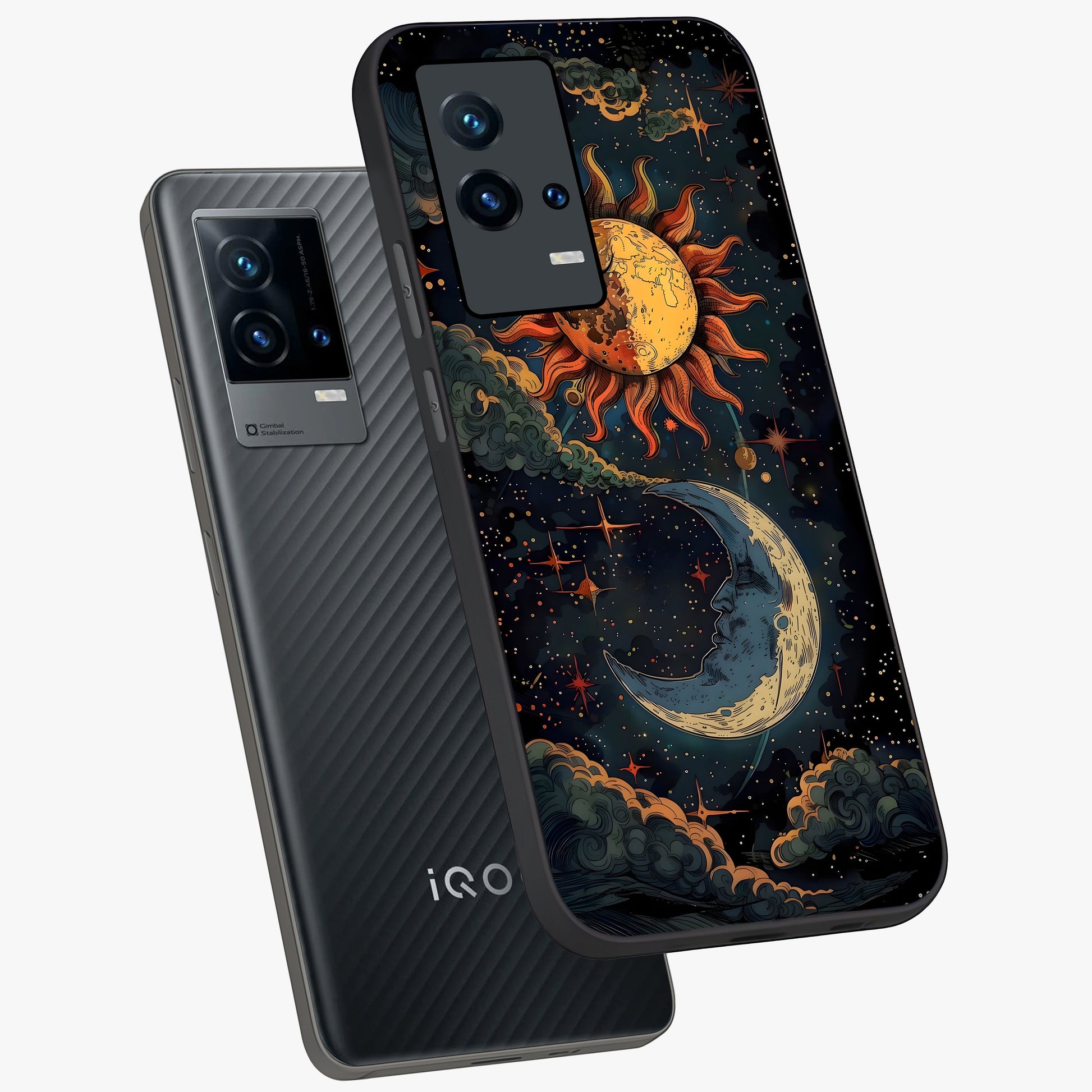 Sun And Moon Magic Design Glass Case displayed in angled mockup highlighting celestial design with magical cosmic aesthetic.
