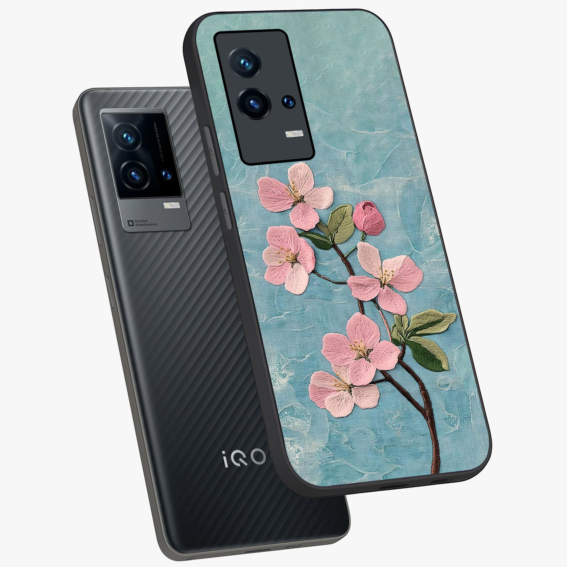 Threaded Blossom Breeze Glass Case displayed in angled mockup highlighting elegant floral design with soft aesthetic style.