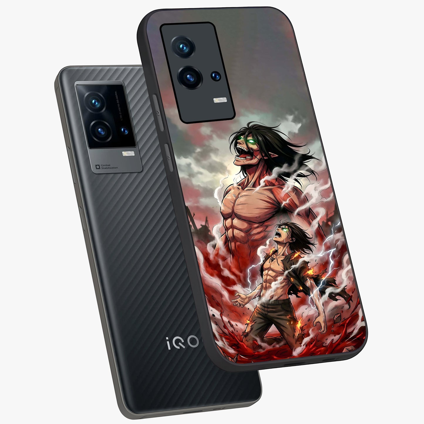Titan Awakening Fury Glass Case displayed in angled mockup highlighting dramatic giant warrior design with bold anime aesthetic.