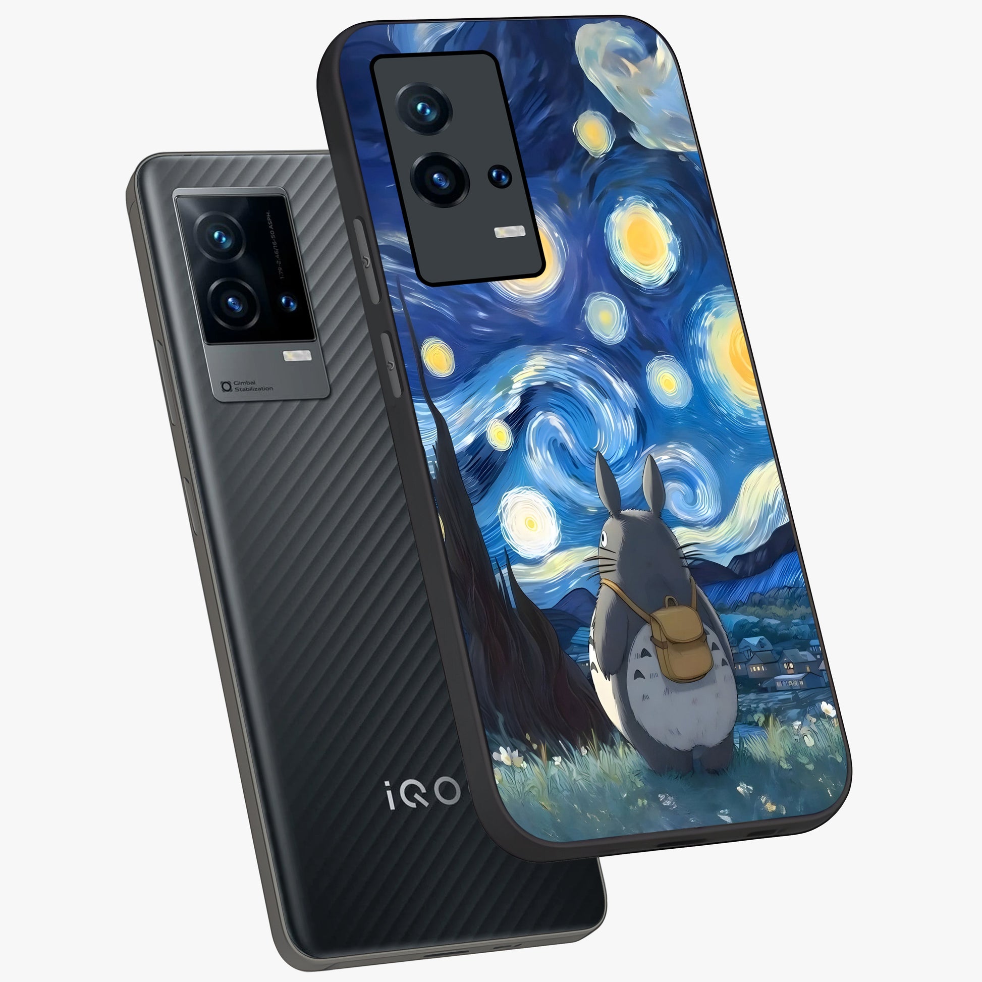 Totoro In Van Gogh Art Glass Case displayed in angled mockup highlighting artistic swirling sky design with playful animation aesthetic.