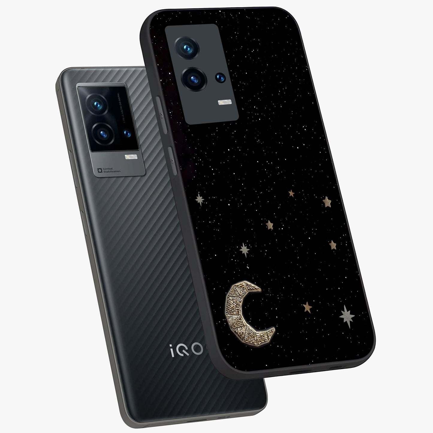 Twinkle Star With Half Moon Glass Case displayed in angled mockup highlighting celestial moon and star design with magical aesthetic.