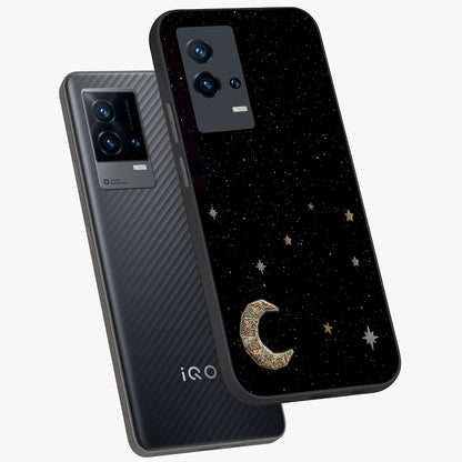 Twinkle Star With Half Moon Glass Case displayed in angled mockup highlighting celestial moon and star design with magical aesthetic.