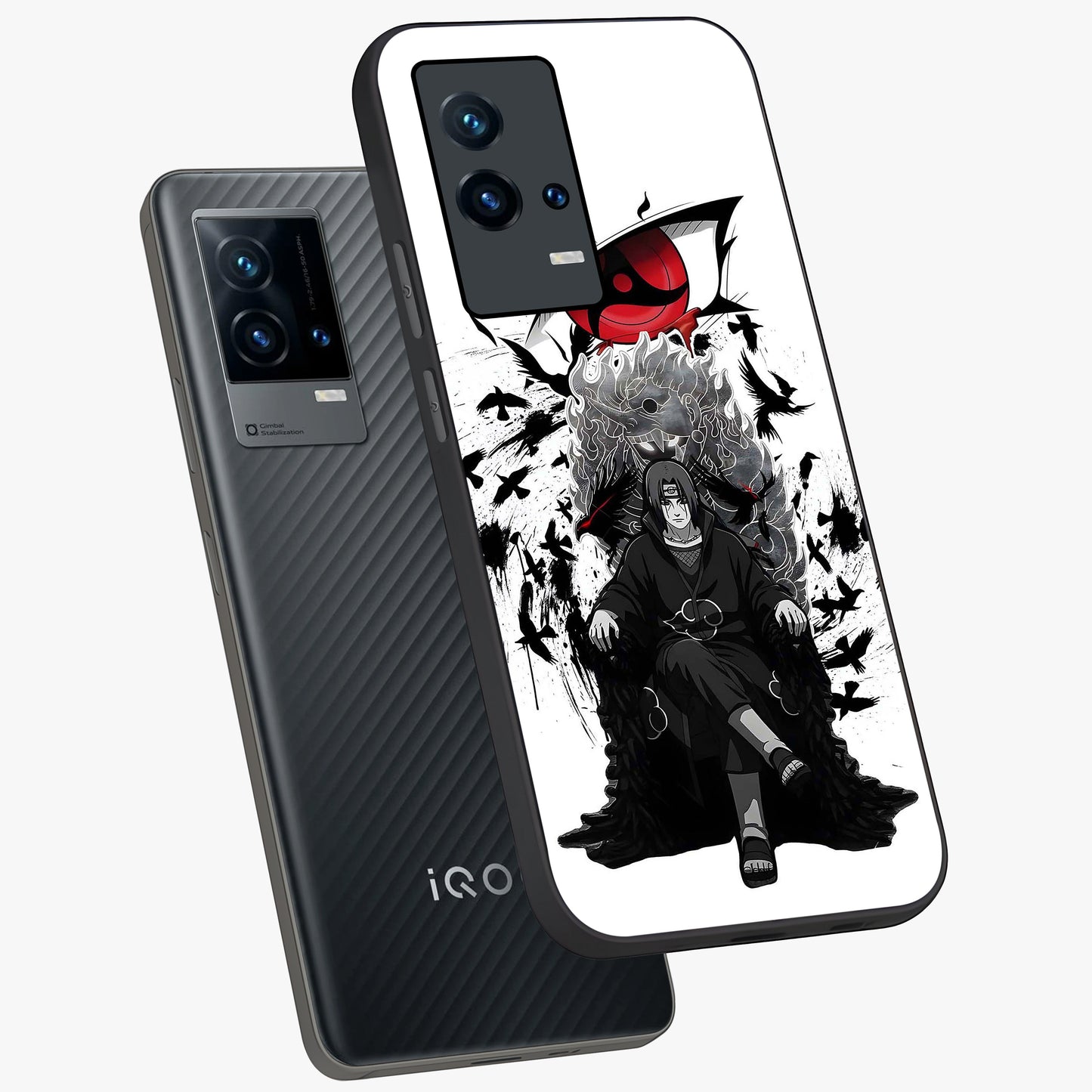 Uchiha Shadow Throne Glass Case displayed in angled mockup highlighting glowing aquatic design with celestial aesthetic.