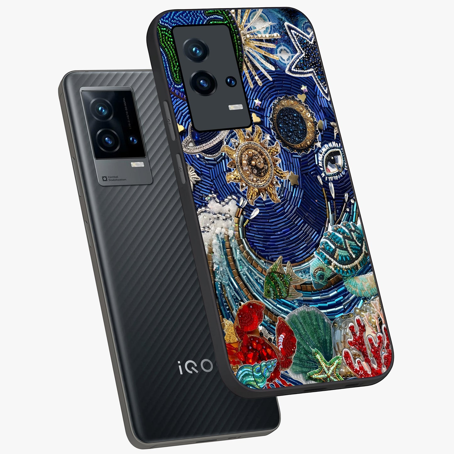 Universe Underwater Spark Glass Case displayed in angled mockup highlighting glowing aquatic design with celestial aesthetic.