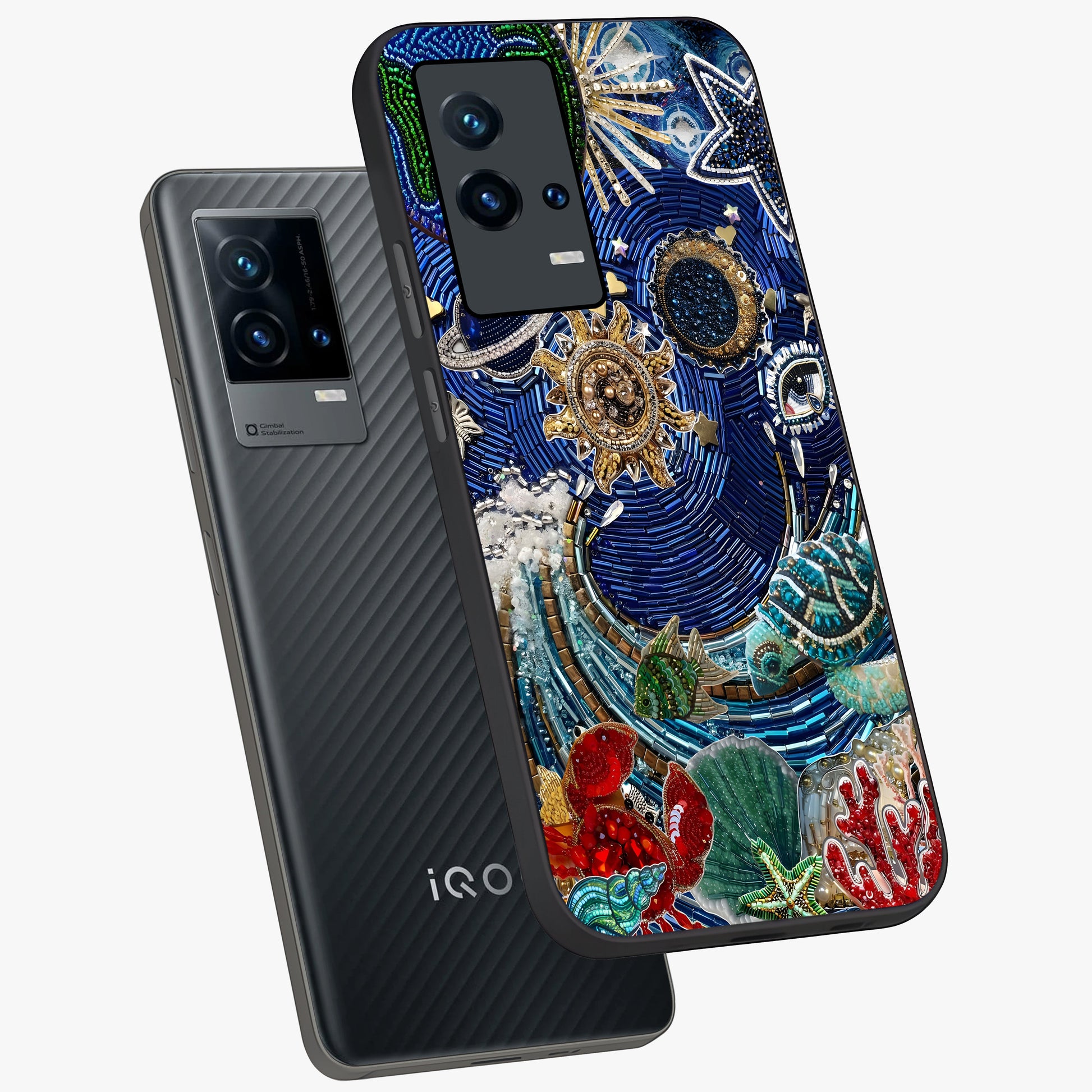 Universe Underwater Spark Glass Case displayed in angled mockup highlighting glowing aquatic design with celestial aesthetic.
