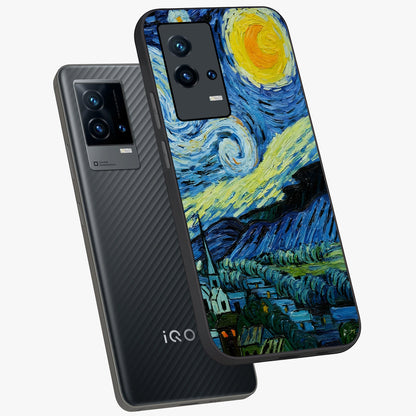 Van Gogh Art Glass Case displayed in angled mockup highlighting swirling brushstroke design with artistic aesthetic.