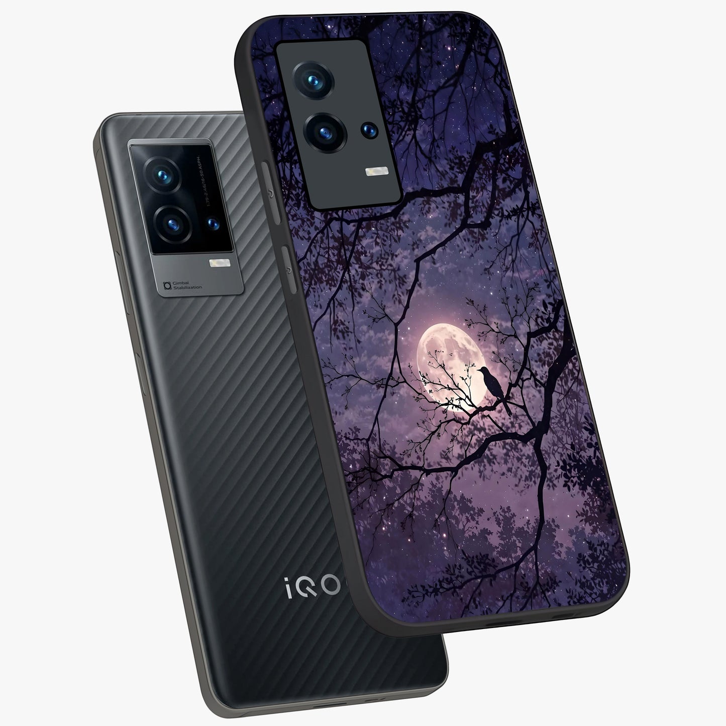 Whispering Moon Silence Glass Case displayed in angled mockup highlighting calm lunar design with dreamy night aesthetic.