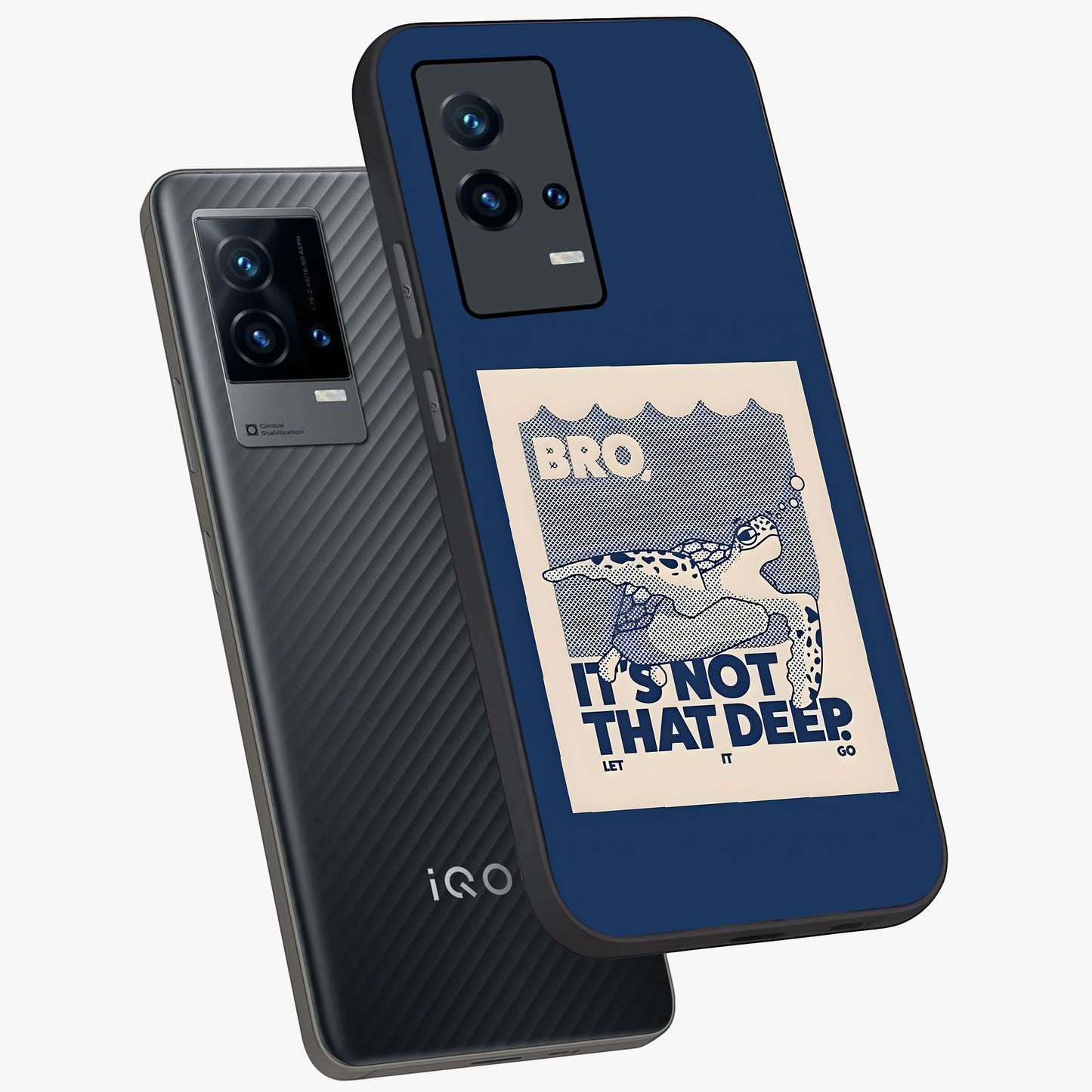 Worry Less Swim Glass Case displayed in angled mockup highlighting fun typography design with relaxed aesthetic style.