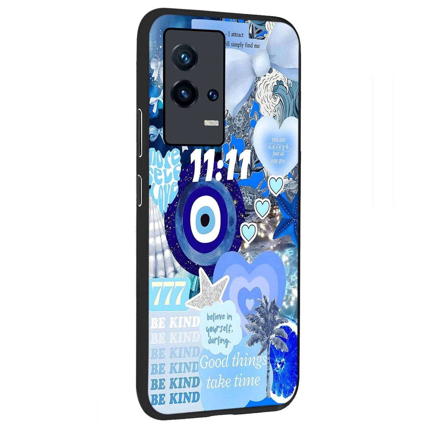 Aesthetic Be Kind Eye Glass Case upright view showcasing stylish eye illustration with positive message theme.