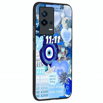 Aesthetic Be Kind Eye Glass Case upright view showcasing stylish eye illustration with positive message theme.