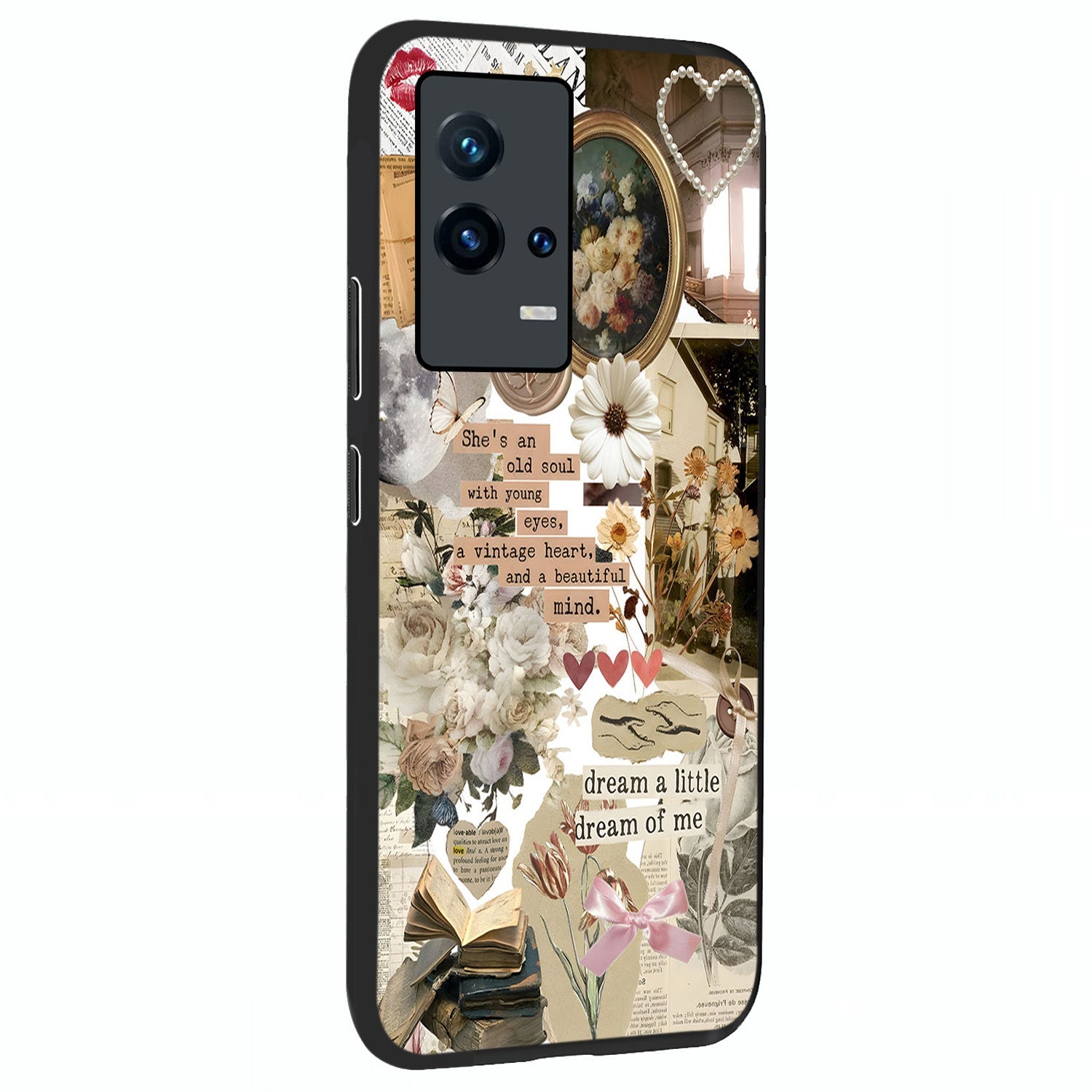 Aesthetic Brown Vintage Collage Glass Case upright view showcasing nostalgic retro artwork with stylish vintage theme.