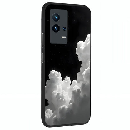 Black Background With White Cloud Glass Case upright view showcasing calm cloud aesthetic with modern minimal style.