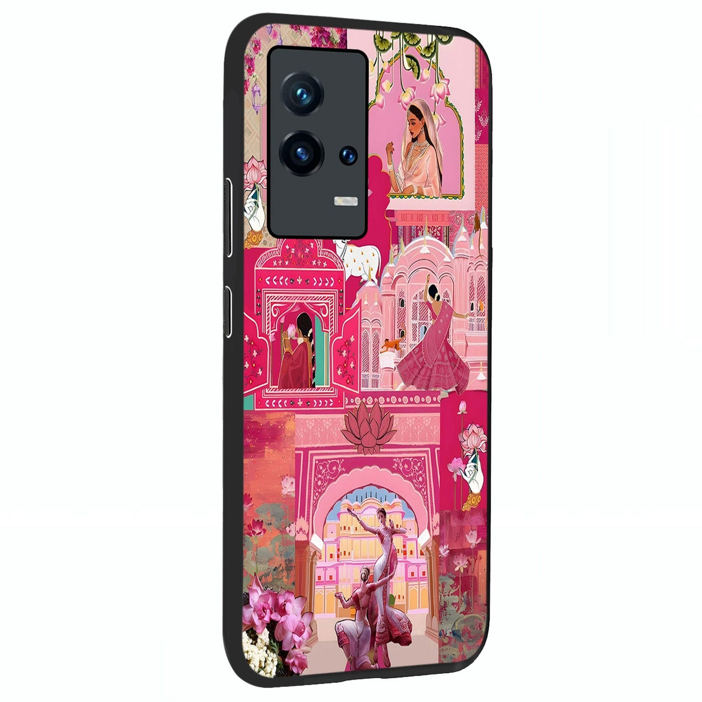 Blossoms of Rajasthan Glass Case upright view showcasing colorful floral design inspired by traditional Indian art.