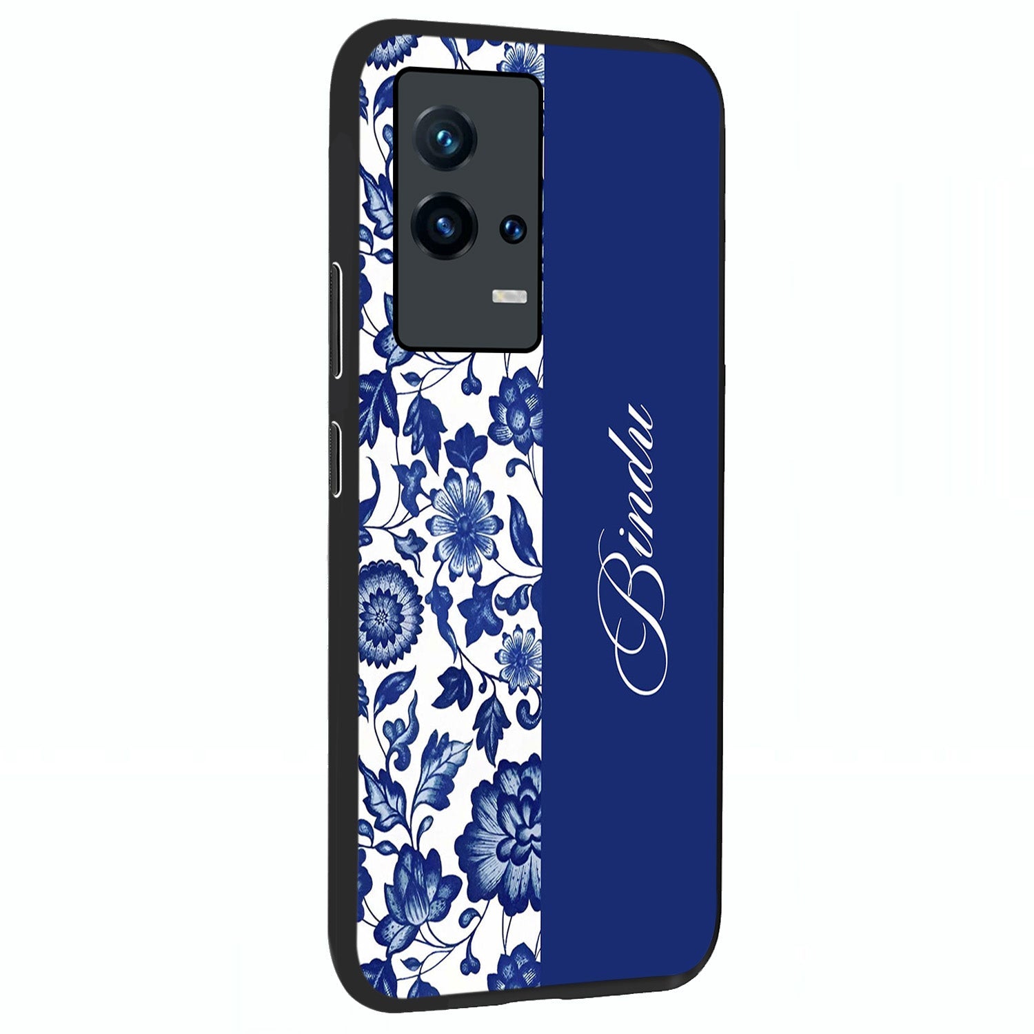 Blue Vintage Floral Pattern Glass Case upright view showcasing delicate blush floral texture with modern minimal style.