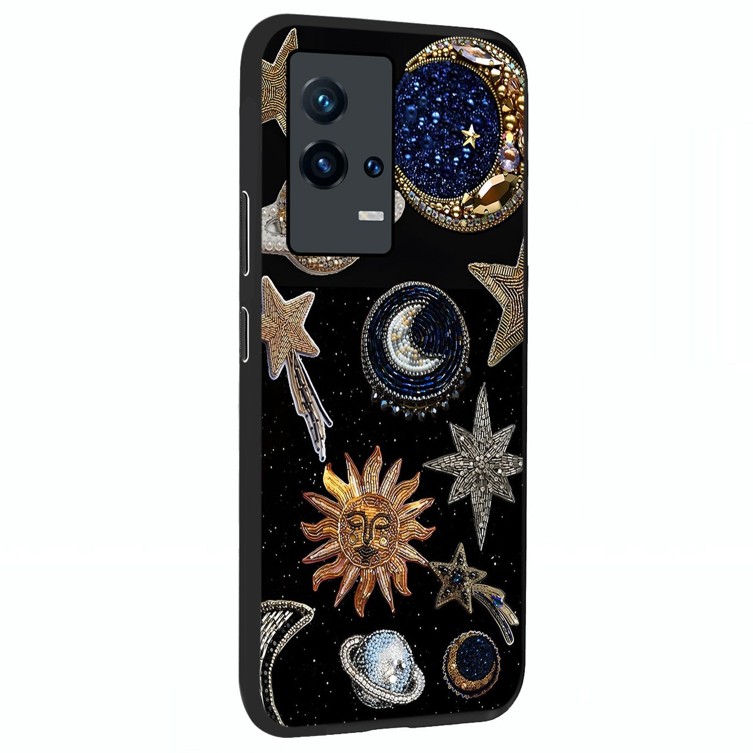 Celestial Gem Constellations Glass Case upright view showcasing cosmic constellation artwork with celestial aesthetic style.