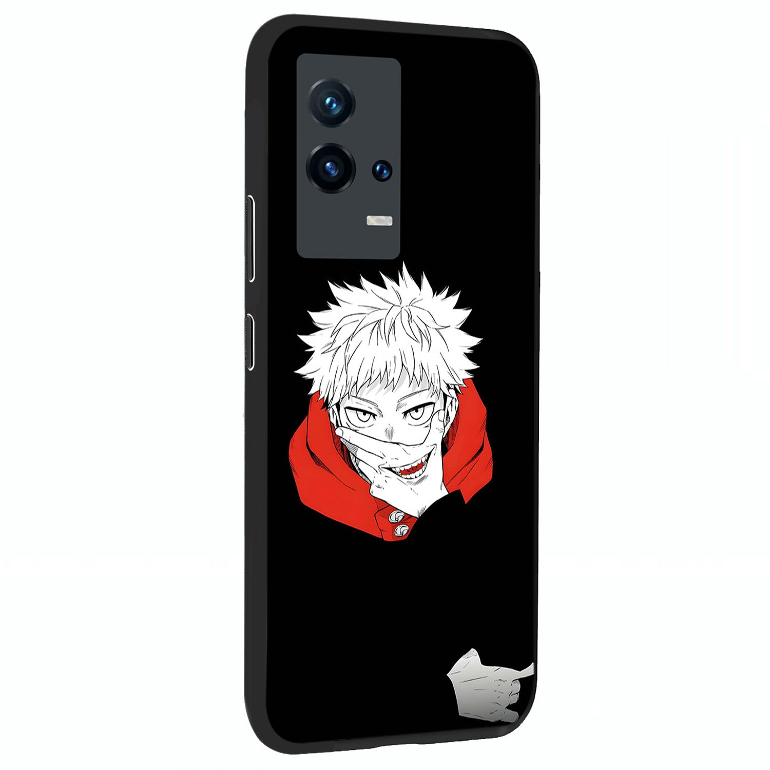 Crimson Chaos Smile Glass Case upright view showcasing expressive chaotic artwork with striking visual theme.