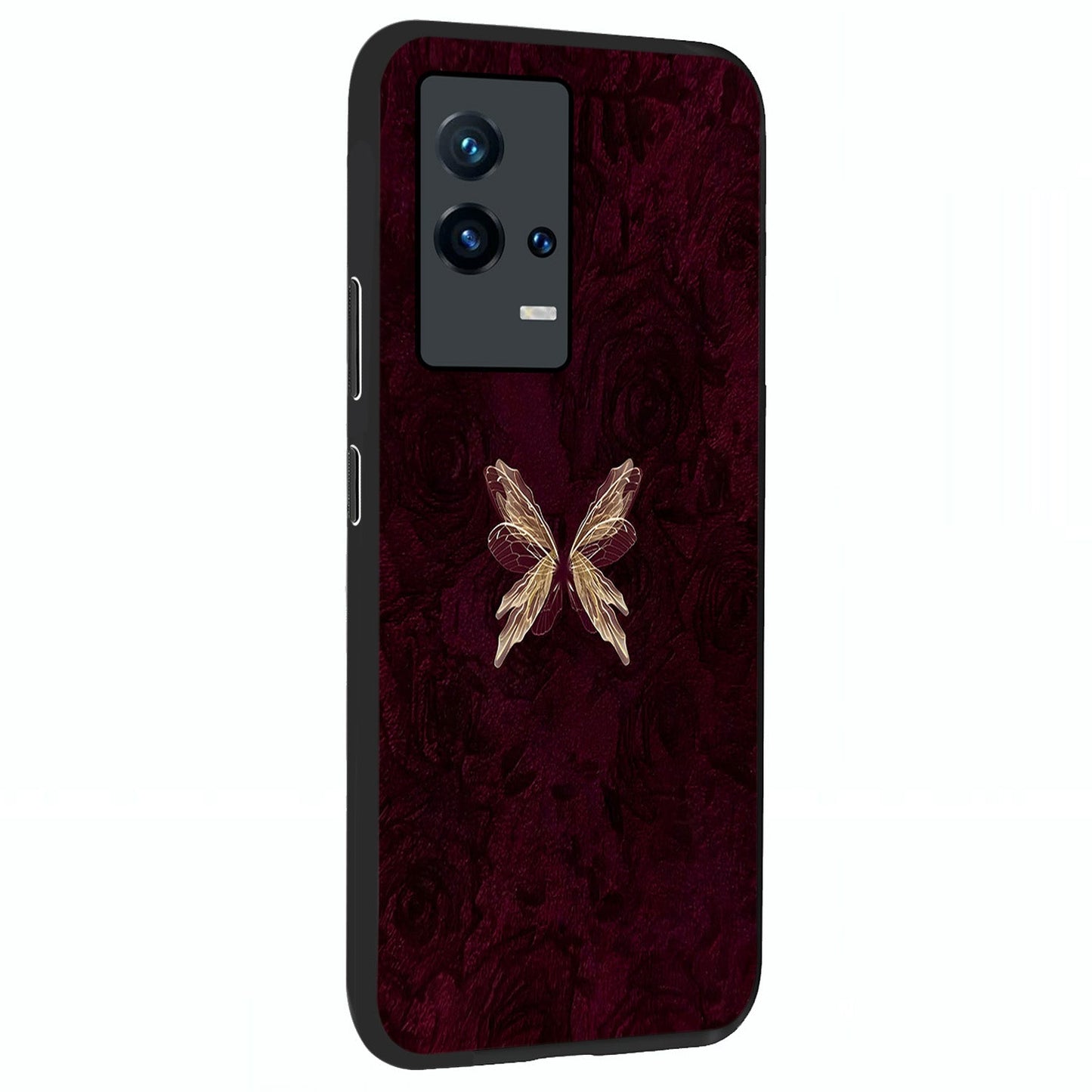 Crimson Fade Butterfly Glass Case upright view showcasing graceful butterfly artwork with soft crimson fade effect.
