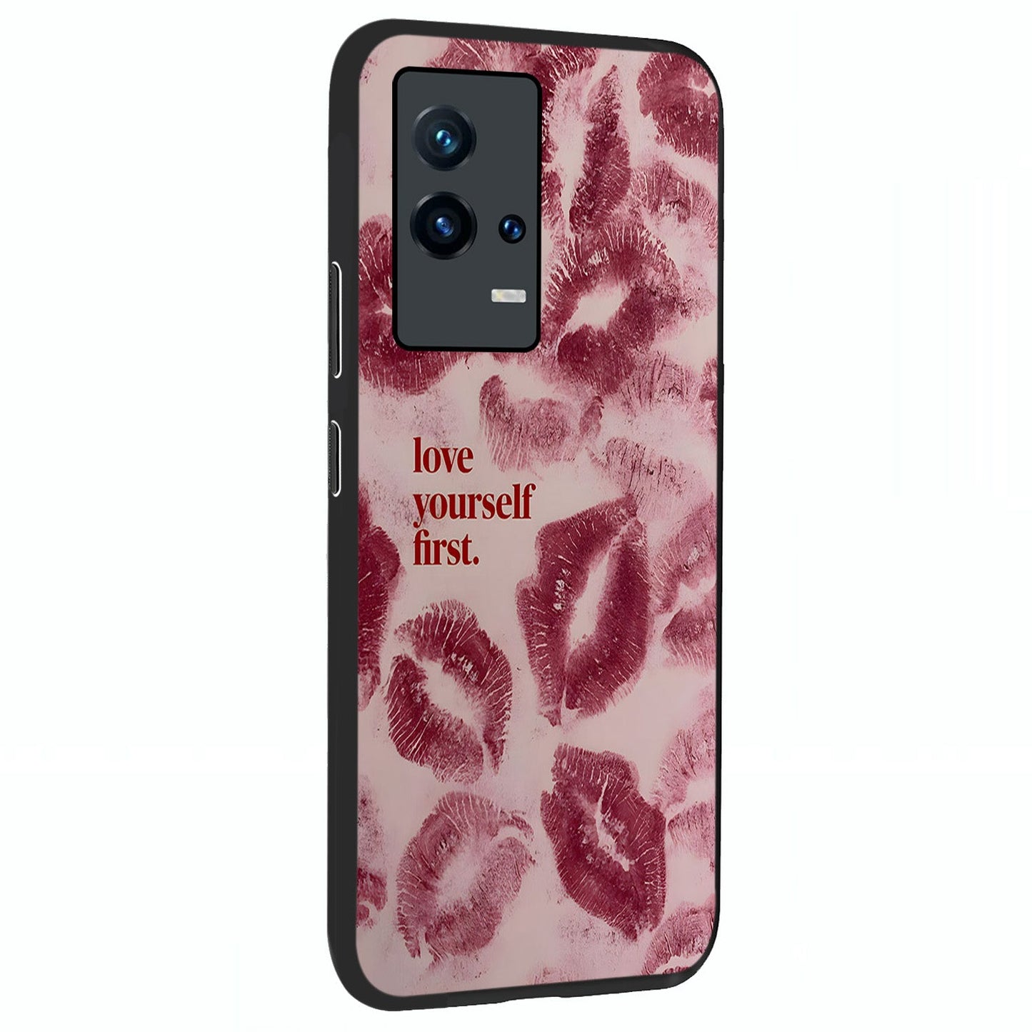 Crimson Kiss Love Glass Case upright view showcasing expressive romantic artwork with deep crimson theme.