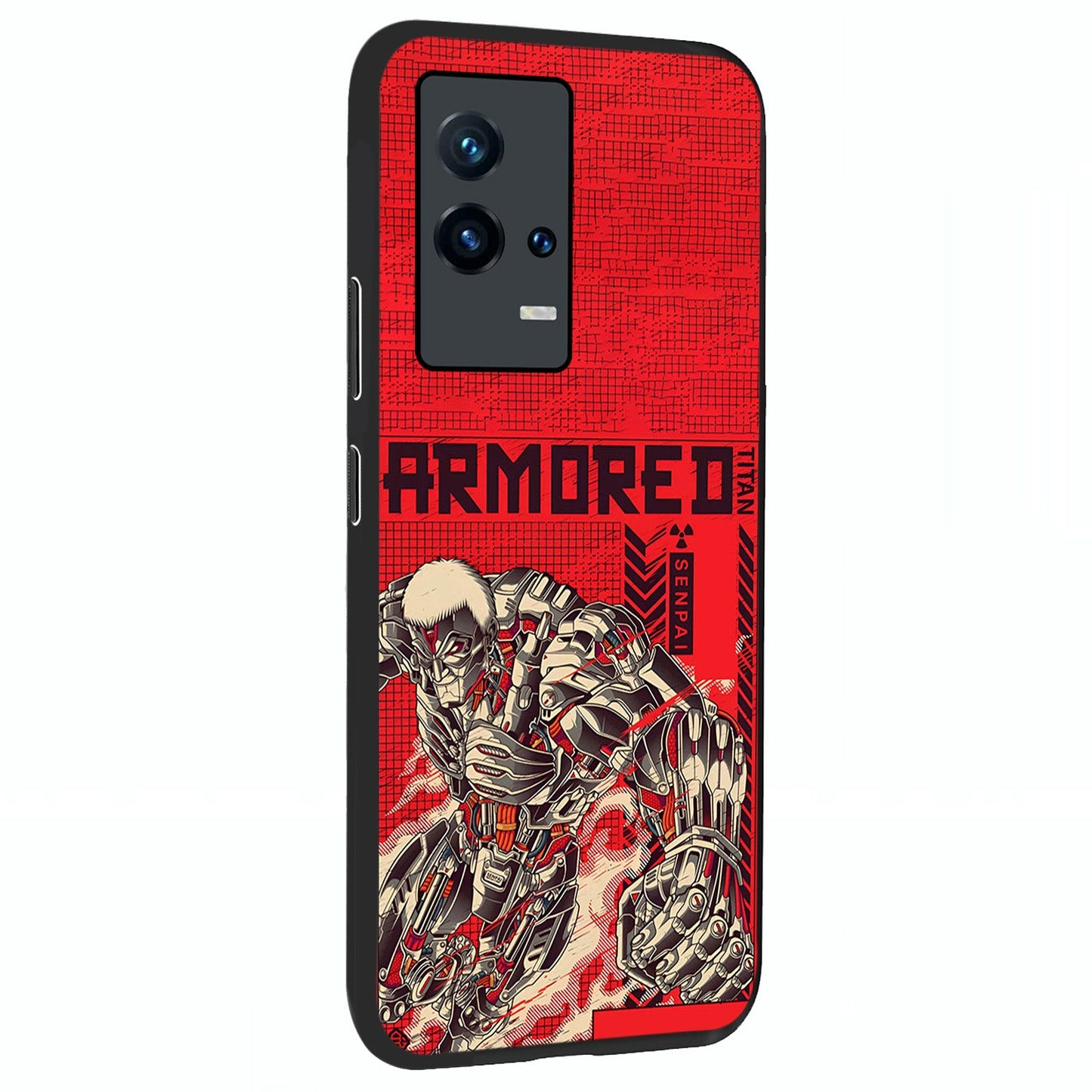 Crimson Mecha Titan Glass Case upright view showcasing dynamic robotic titan design with sci-fi inspired theme.
