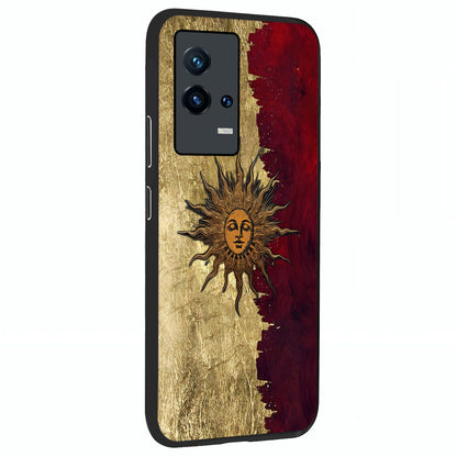 Crimson Sun Majesty Glass Case upright view showcasing vibrant sun artwork with powerful celestial theme.