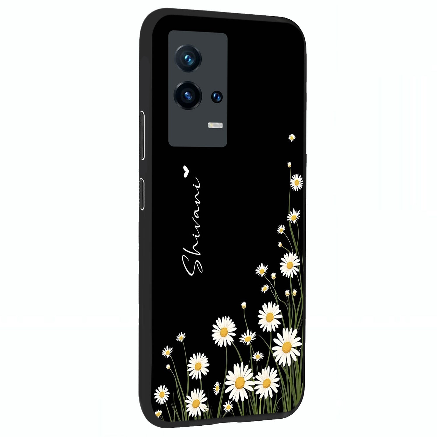 Daisy Cascade Custom Name Glass Case upright view showcasing elegant floral cascade design with personalized aesthetic.