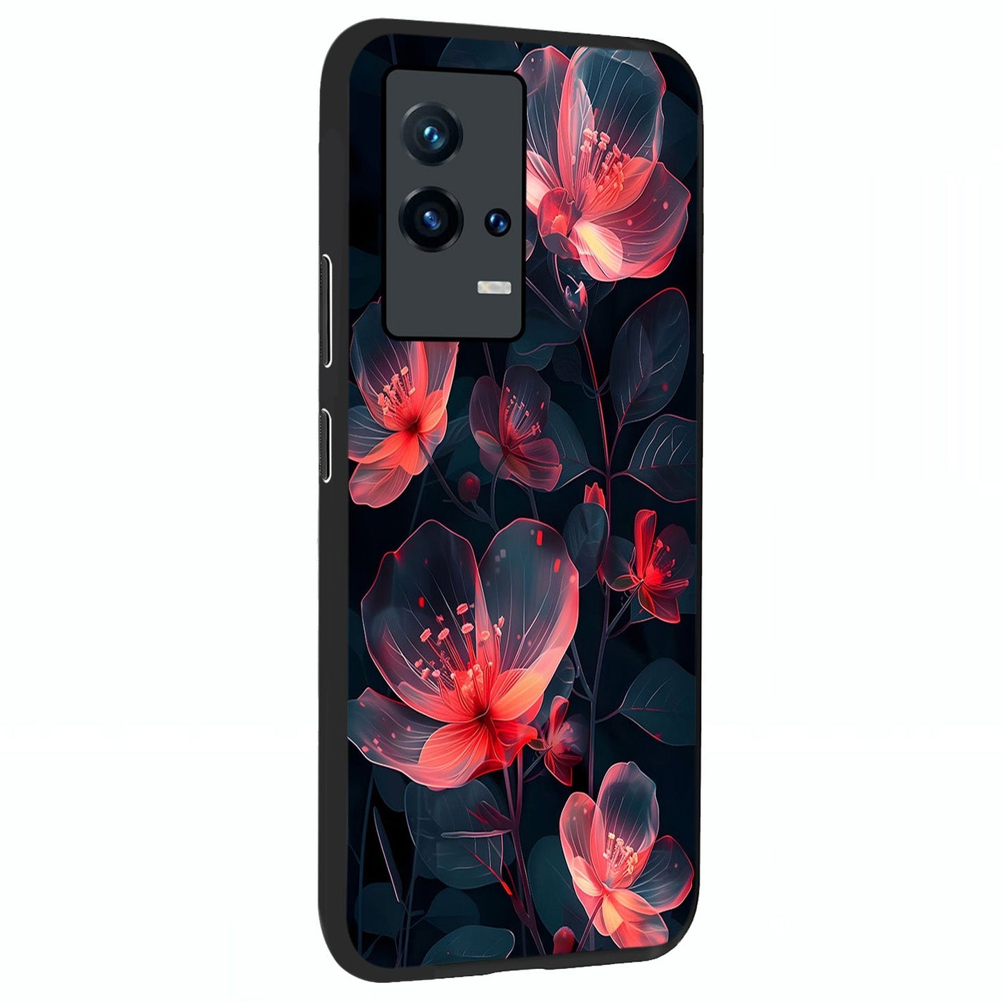 Dark Shade of Flower Glass Case upright view showcasing delicate flower artwork with rich dark floral theme.
