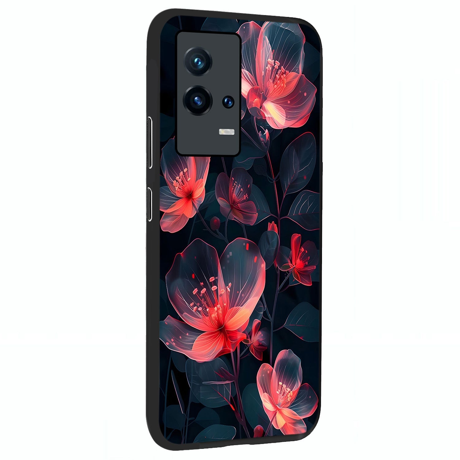 Dark Shade of Flower Glass Case upright view showcasing delicate flower artwork with rich dark floral theme.