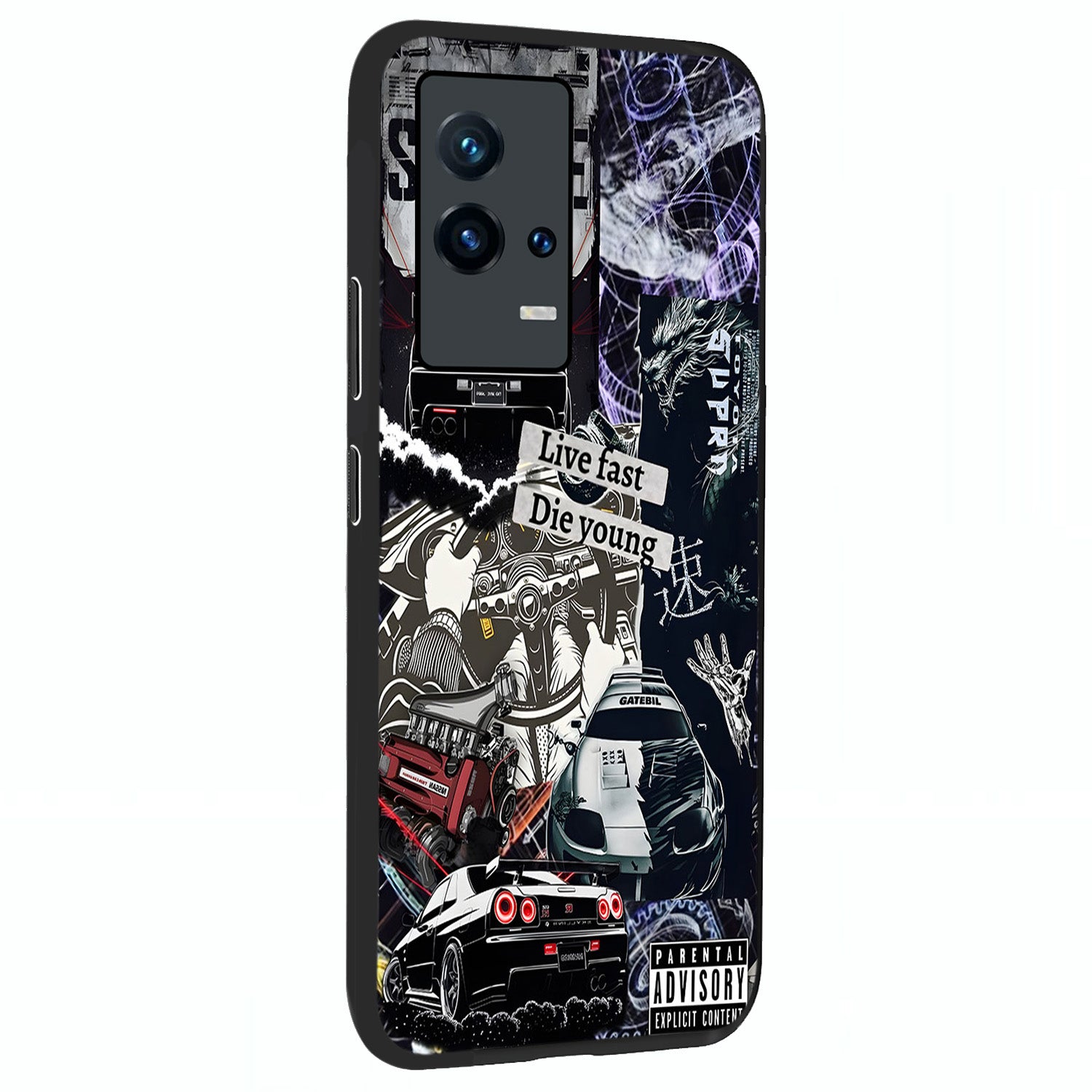 Die Young Glass Case upright view showcasing striking typography artwork with modern statement theme.