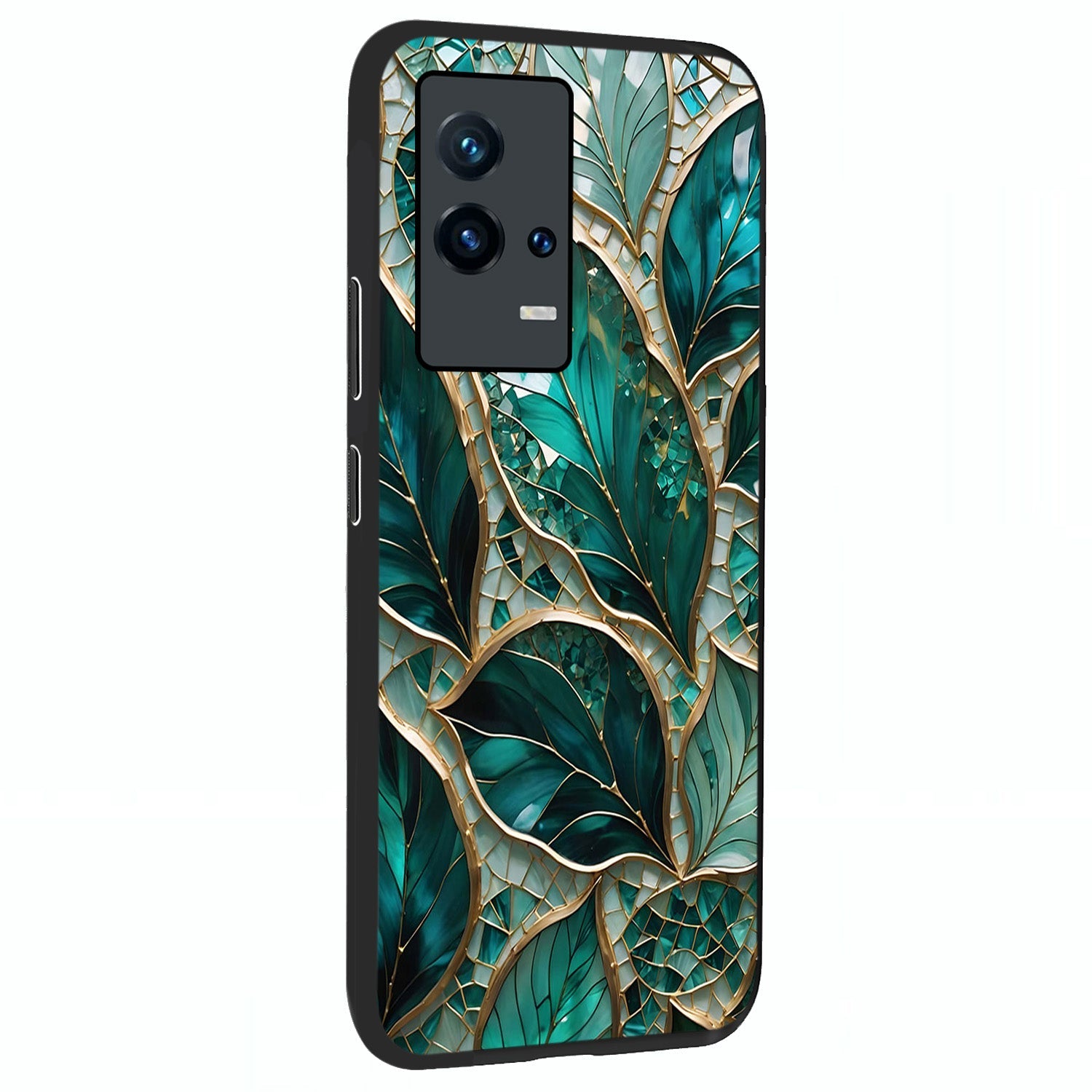Emerald Leaf Glass Glass Case upright view showcasing fresh green leaf artwork with calming nature inspired style.