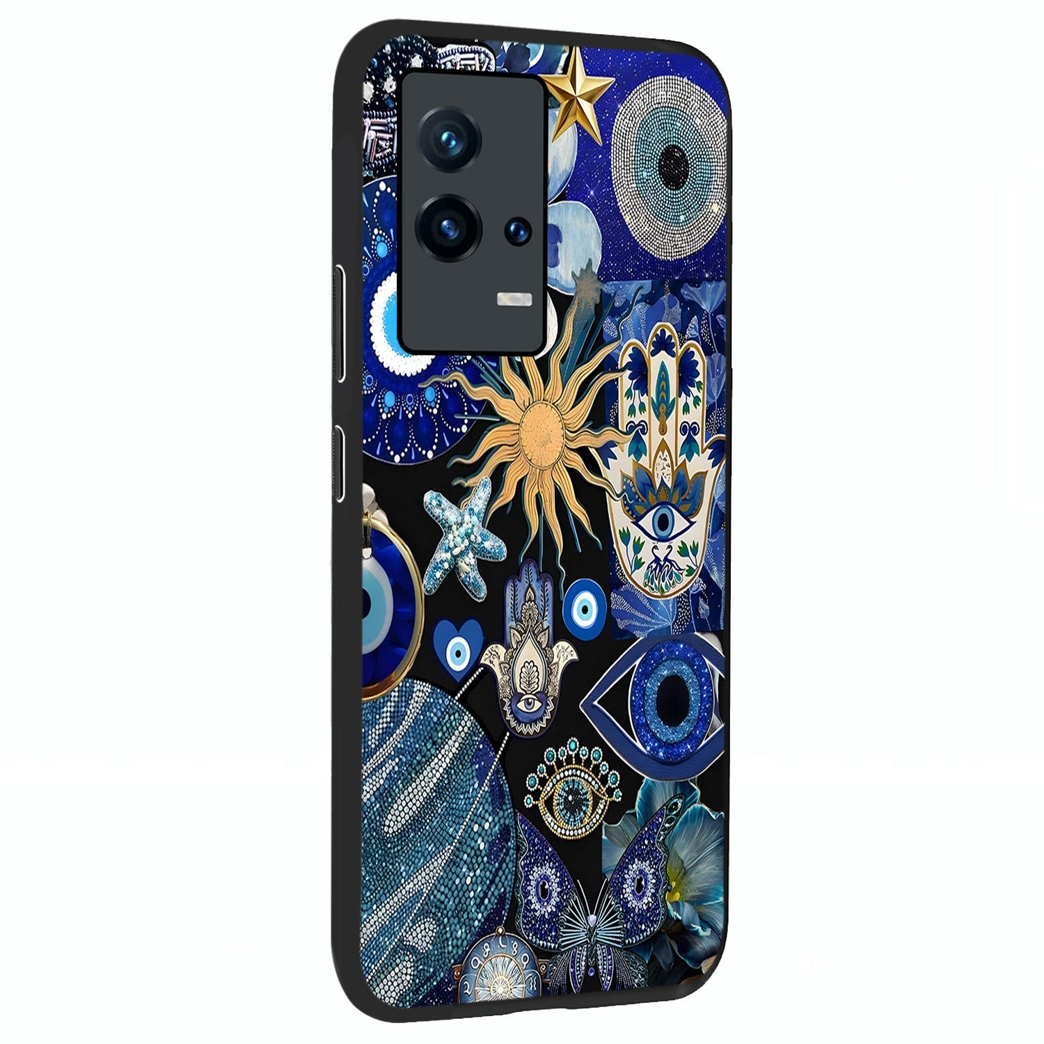 Evil Eye Charm Mix Glass Case upright view showcasing mystical evil eye pattern with vibrant decorative style.